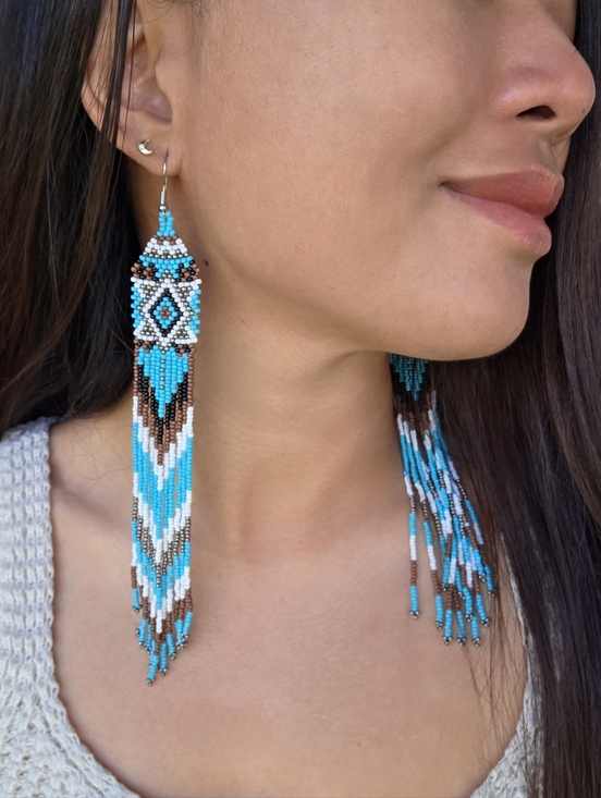 Boheme Jewelry - Handmade Turquoise Beaded Fringe Earrings - Women Boho Jewelry Long Southwestern